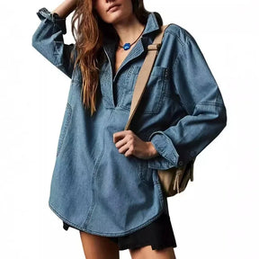Blusa Jeans Riverland™ Oversized com Gola Aberta e Costuras Marcadas