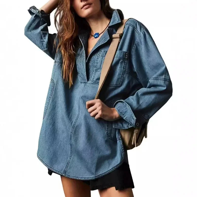 Blusa Jeans Riverland™ Oversized com Gola Aberta e Costuras Marcadas