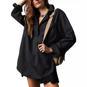 Blusa Jeans Riverland™ Oversized com Gola Aberta e Costuras Marcadas
