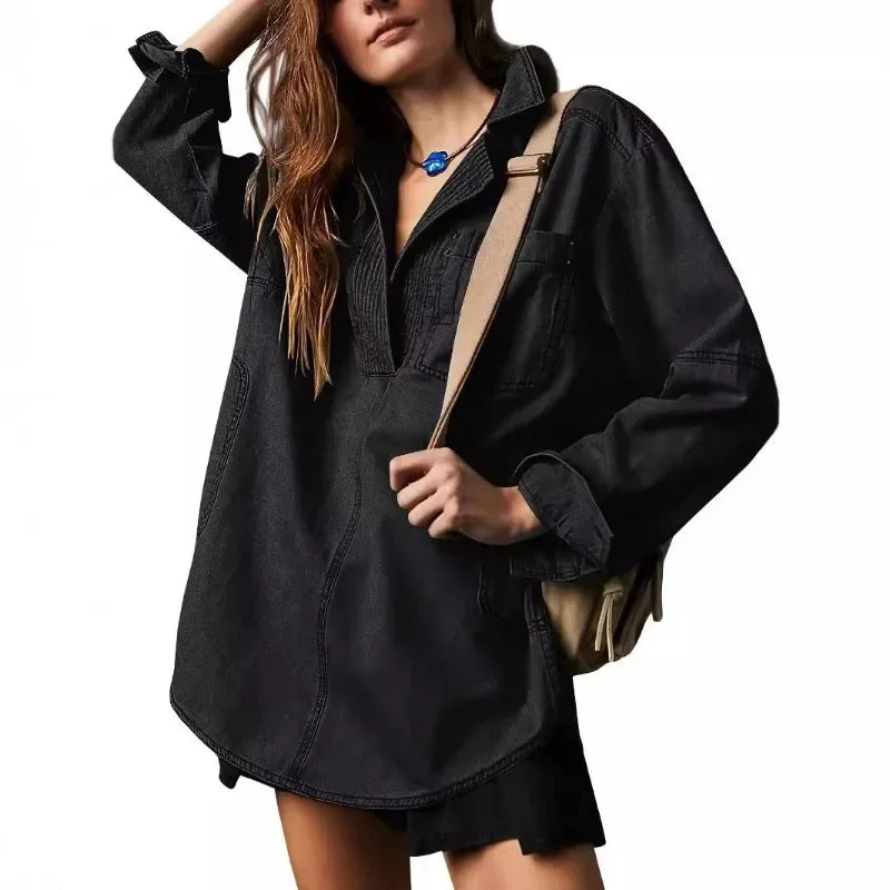 Blusa Jeans Riverland™ Oversized com Gola Aberta e Costuras Marcadas