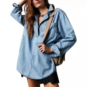 Blusa Jeans Riverland™ Oversized com Gola Aberta e Costuras Marcadas
