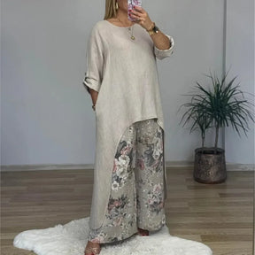 Conjunto Botanique™ com Blusa Assimétrica Longa e Calça Pantalona Floral