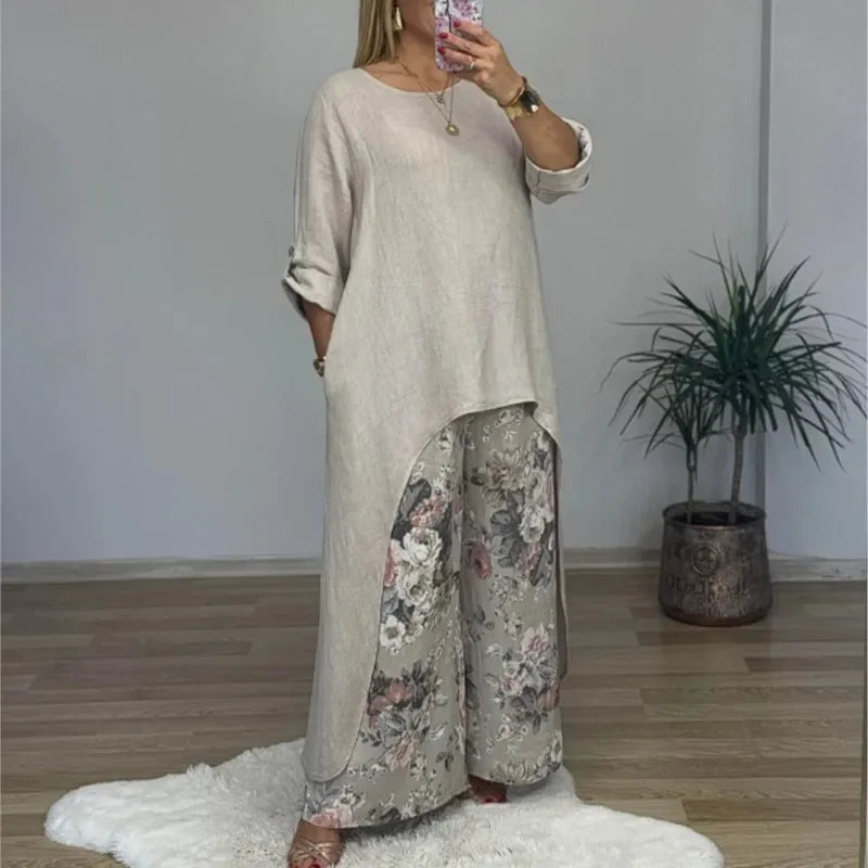 Conjunto Botanique™ com Blusa Assimétrica Longa e Calça Pantalona Floral