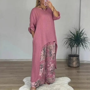 Conjunto Botanique™ com Blusa Assimétrica Longa e Calça Pantalona Floral