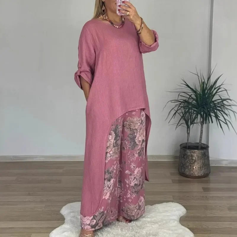 Conjunto Botanique™ com Blusa Assimétrica Longa e Calça Pantalona Floral