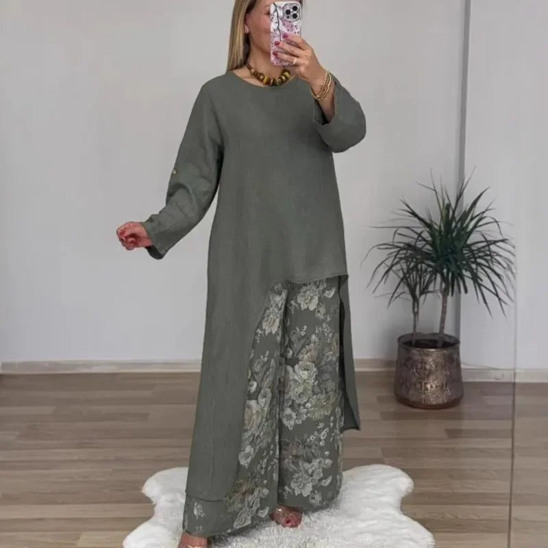 Conjunto Botanique™ com Blusa Assimétrica Longa e Calça Pantalona Floral