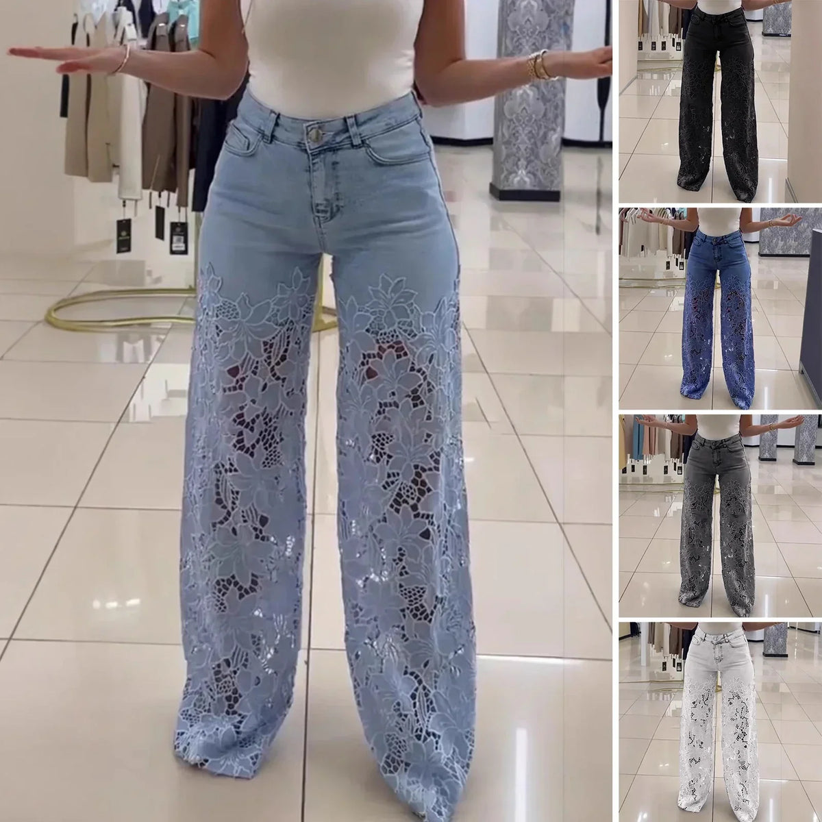 Calça Jeans Bethania™ em Denim Moderno com Renda Artesanal Floral