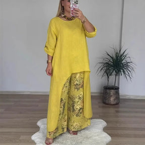 Conjunto Botanique™ com Blusa Assimétrica Longa e Calça Pantalona Floral