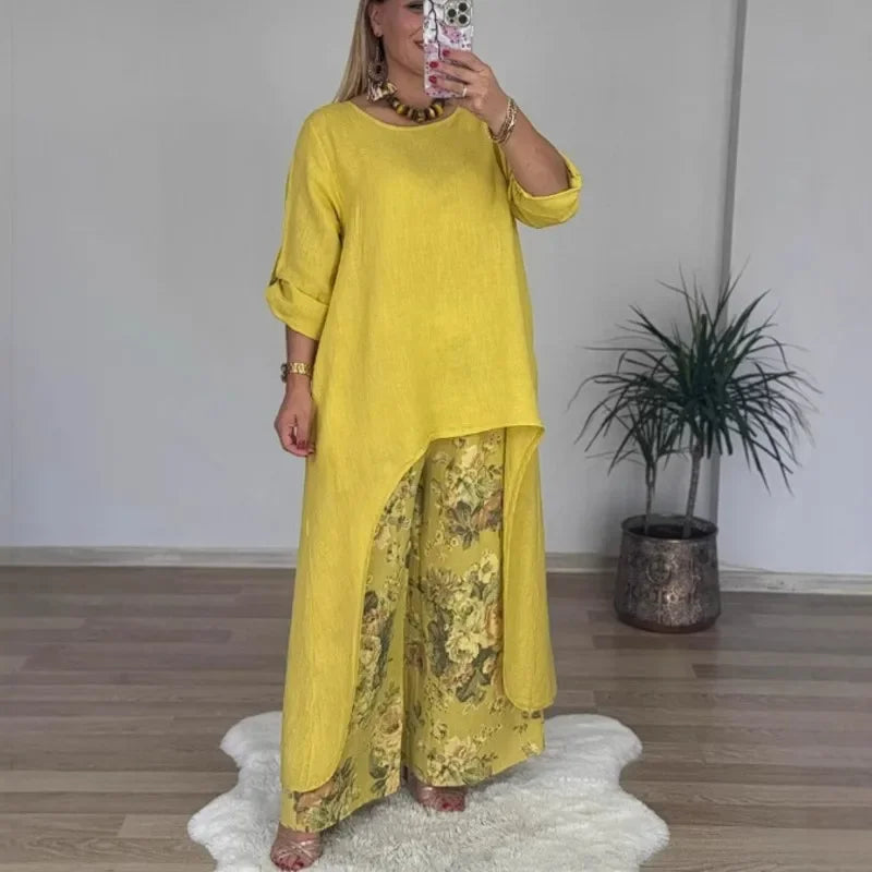 Conjunto Botanique™ com Blusa Assimétrica Longa e Calça Pantalona Floral