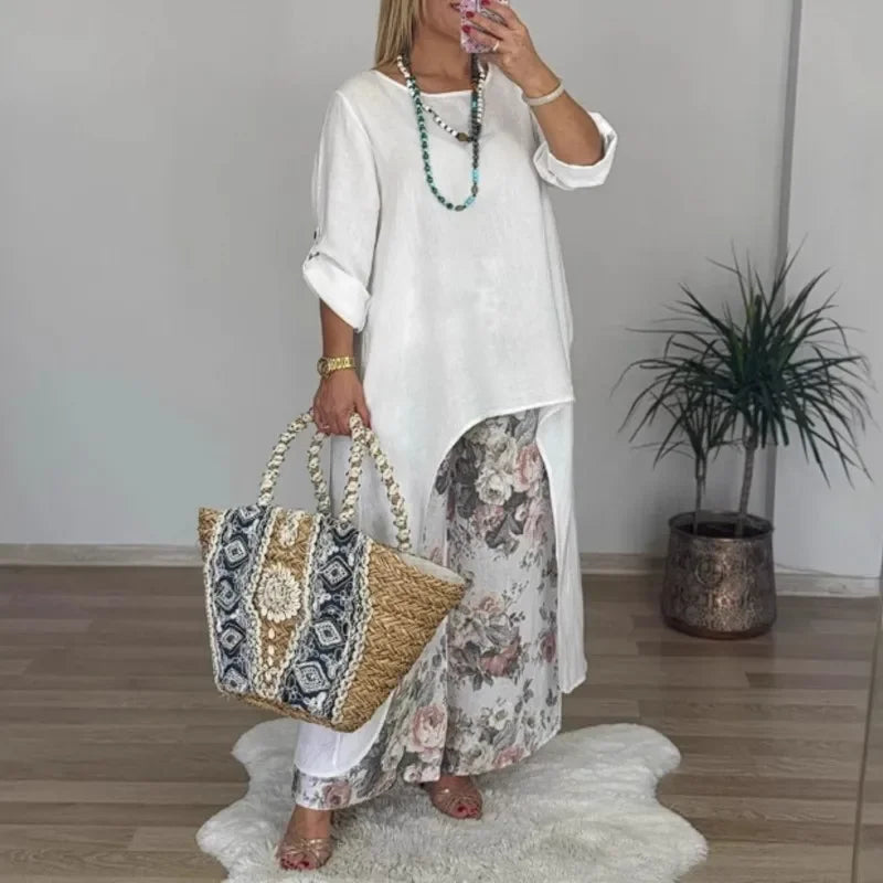 Conjunto Botanique™ com Blusa Assimétrica Longa e Calça Pantalona Floral