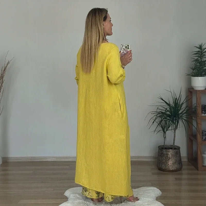 Conjunto Botanique™ com Blusa Assimétrica Longa e Calça Pantalona Floral