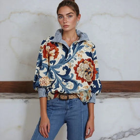 Blusa Toscana™ com Gola Camisaria Listrada e Estampa Barroca Floral