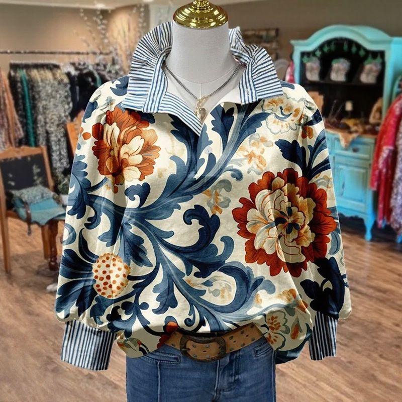 Blusa Toscana™ com Gola Camisaria Listrada e Estampa Barroca Floral