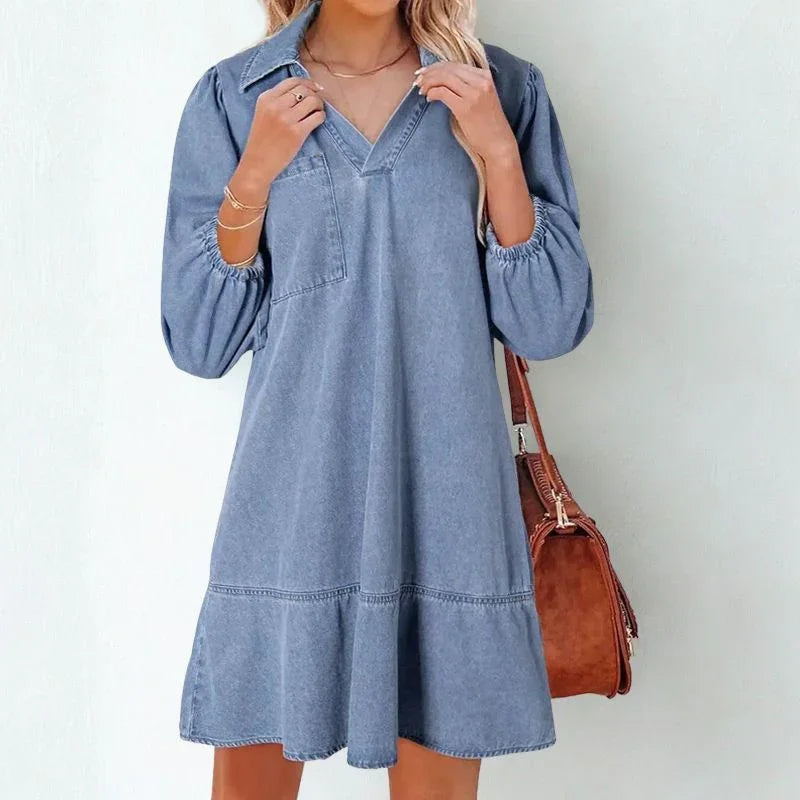 Vestido Jeans Madalena™ com Gola Lapela e Manga Bufante