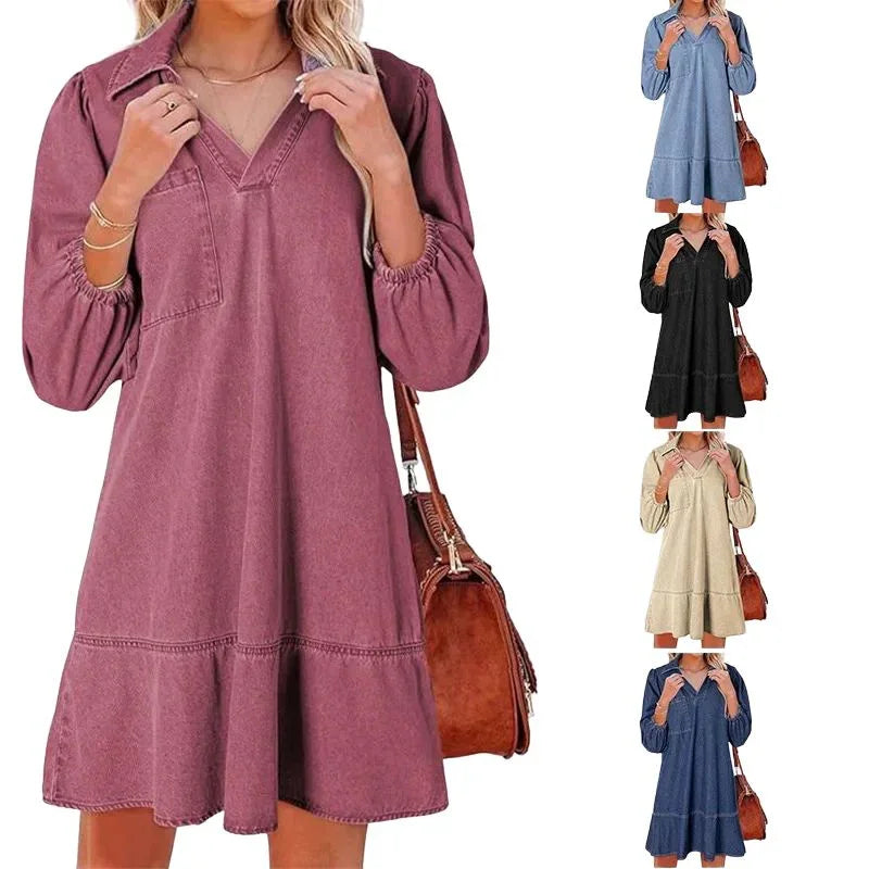 Vestido Jeans Madalena™ com Gola Lapela e Manga Bufante