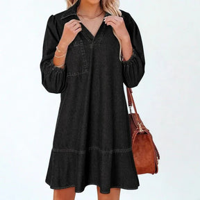 Vestido Jeans Madalena™ com Gola Lapela e Manga Bufante
