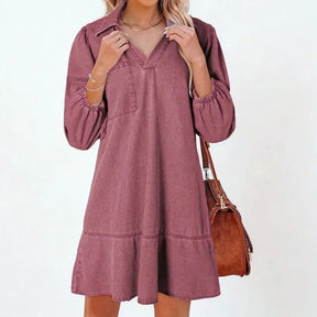 Vestido Jeans Madalena™ com Gola Lapela e Manga Bufante