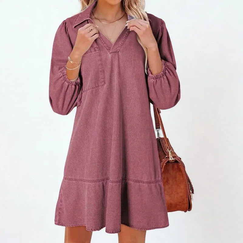 Vestido Jeans Madalena™ com Gola Lapela e Manga Bufante