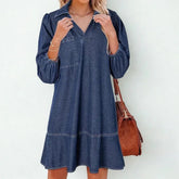 Vestido Jeans Madalena™ com Gola Lapela e Manga Bufante