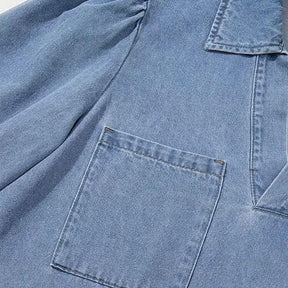 Vestido Jeans Madalena™ com Gola Lapela e Manga Bufante