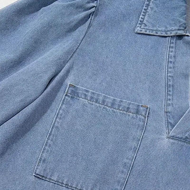 Vestido Jeans Madalena™ com Gola Lapela e Manga Bufante