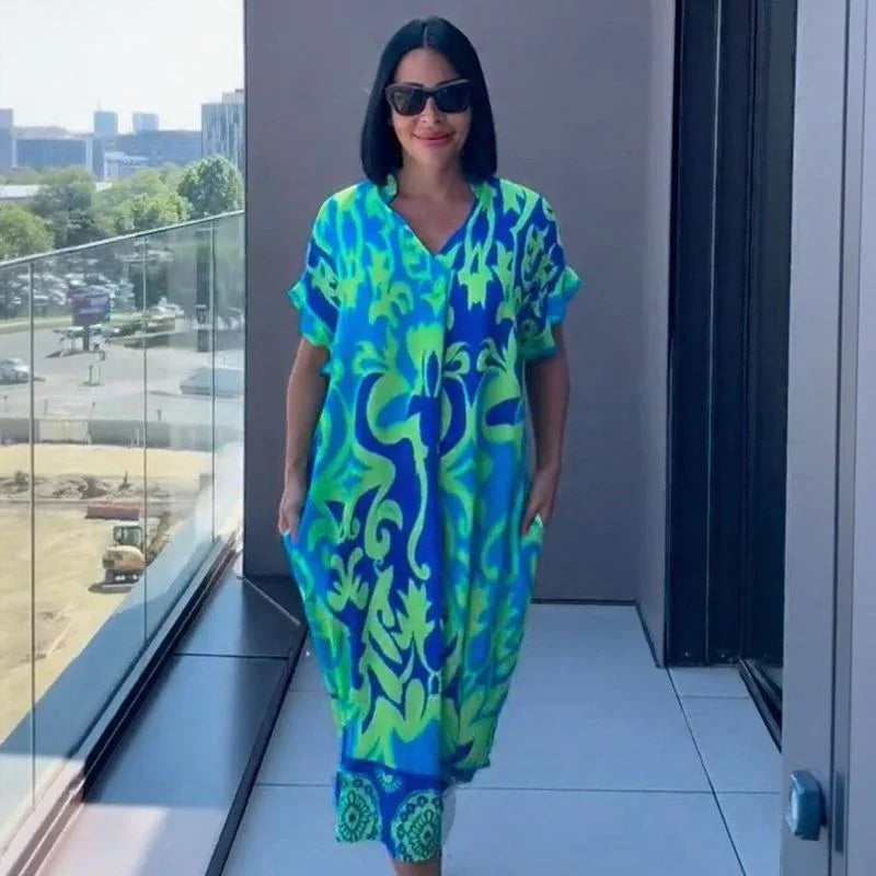 Vestido Oceania™ Em Viscose com Corte Amplo e Estampa Tropical