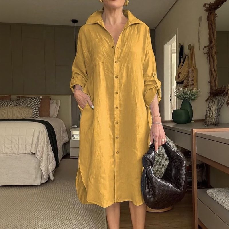 Vestido Chemise Mídi Lisboa™ em Linho de Algodão com Gola Alta Chique