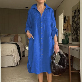 Vestido Chemise Mídi Lisboa™ em Linho de Algodão com Gola Alta Chique
