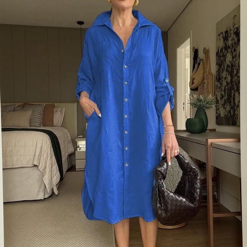 Vestido Chemise Mídi Lisboa™ em Linho de Algodão com Gola Alta Chique