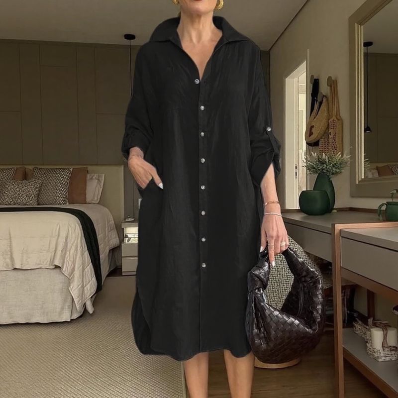 Vestido Chemise Mídi Lisboa™ em Linho de Algodão com Gola Alta Chique