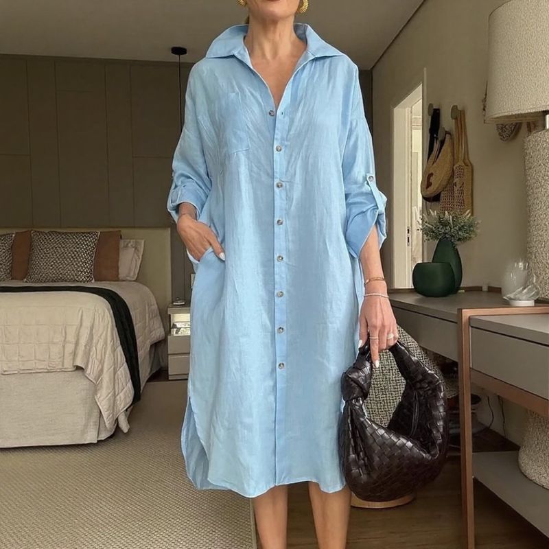 Vestido Chemise Mídi Lisboa™ em Linho de Algodão com Gola Alta Chique