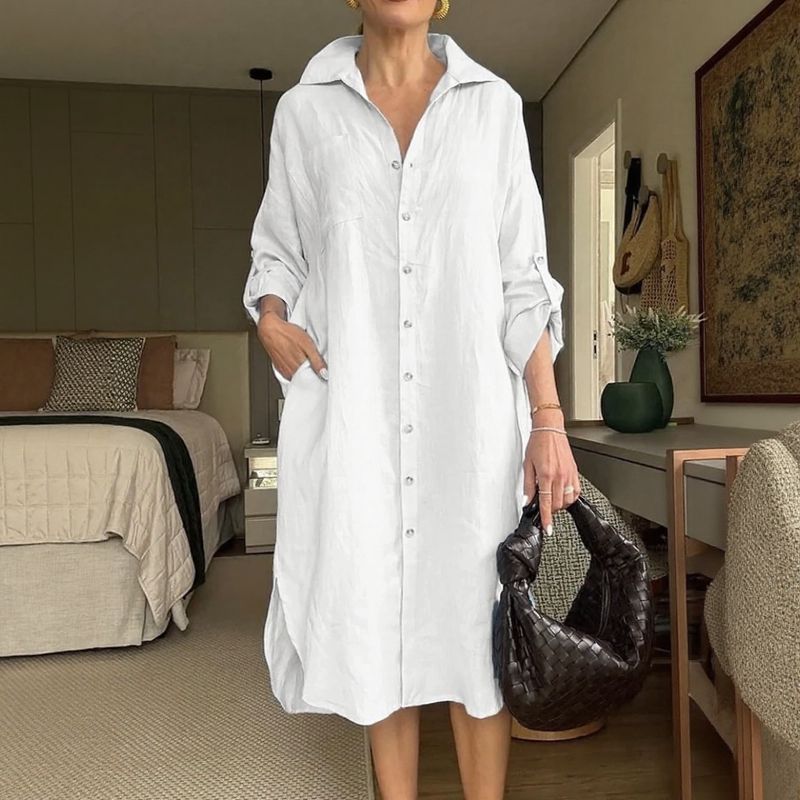 Vestido Chemise Mídi Lisboa™ em Linho de Algodão com Gola Alta Chique