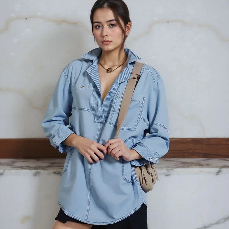 Blusa Jeans Riverland™ Oversized com Gola Aberta e Costuras Marcadas