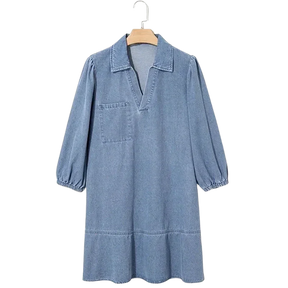 Vestido Jeans Madalena™ com Gola Lapela e Manga Bufante