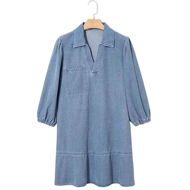 Vestido Jeans Madalena™ com Gola Lapela e Manga Bufante